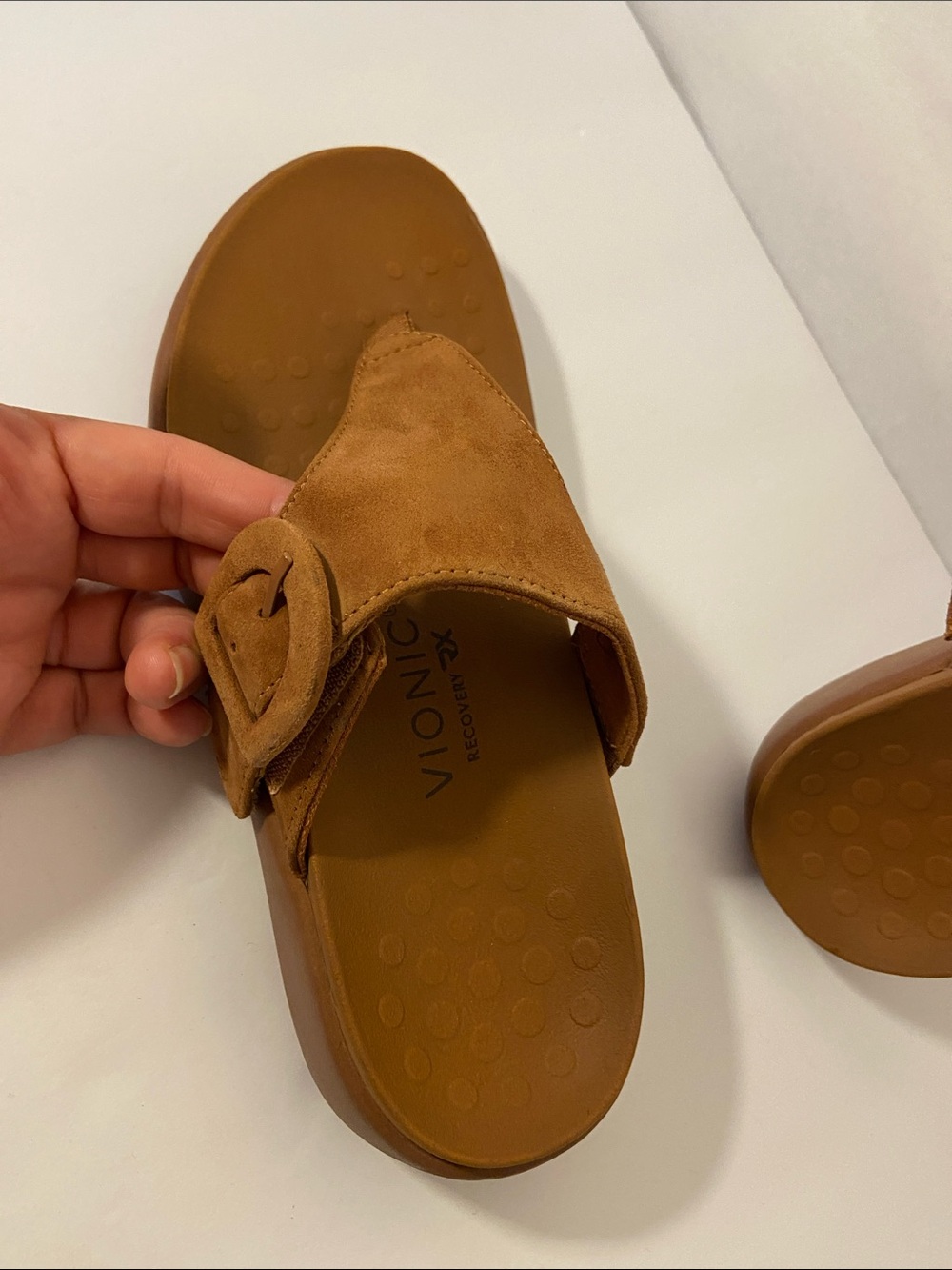 Vionic Tan Suede Buckle Mule Slide